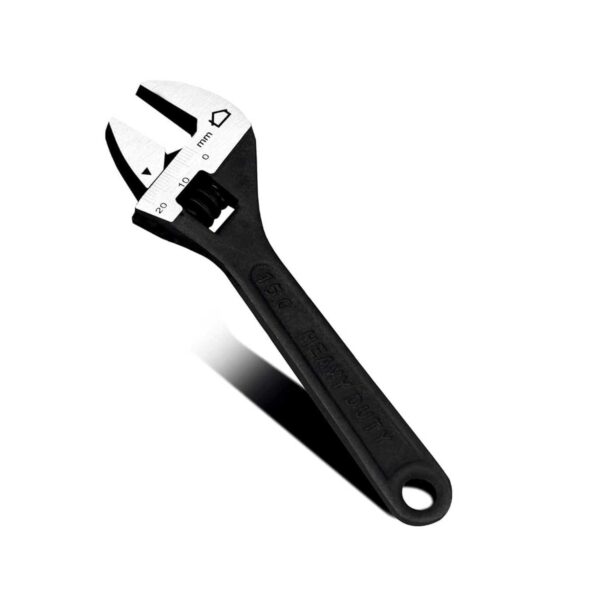 Heat-Treated Carbon Steel Adjustable Wrench: 6" (150mm) with Phosphate Coating, Tapered Jaw Design, Laser-Printed Scale, and Comfortable Grip - Precision in Black